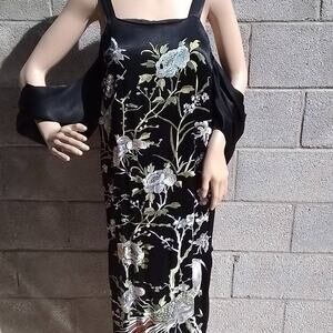 ASOS‎ Black Dress Satin Midi Sz 6 Floral Embroidered Sleeveless Wide Arm Cuff